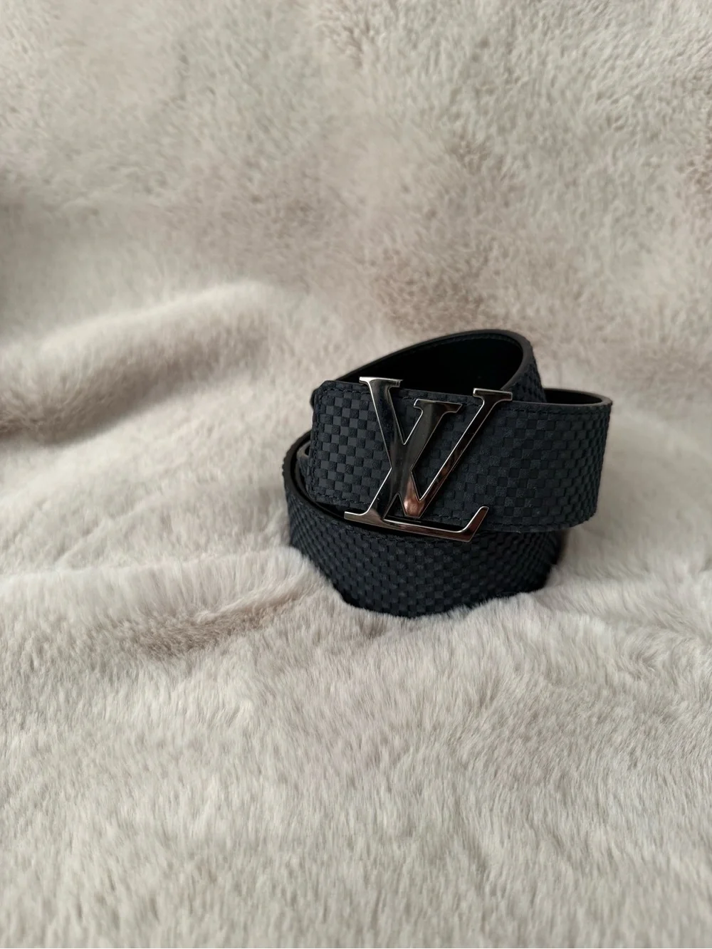 Louis Vuitton Black Damier Suede Leather Belt with Silver LV Buckle